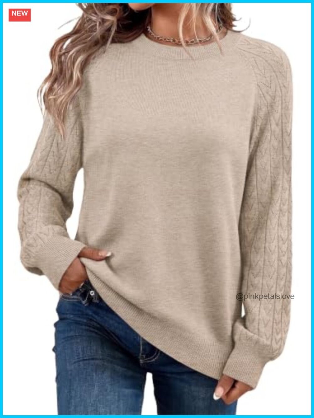 Lightweight Knit Hollow Out Sleeve Crew Neck Pullover Sweater